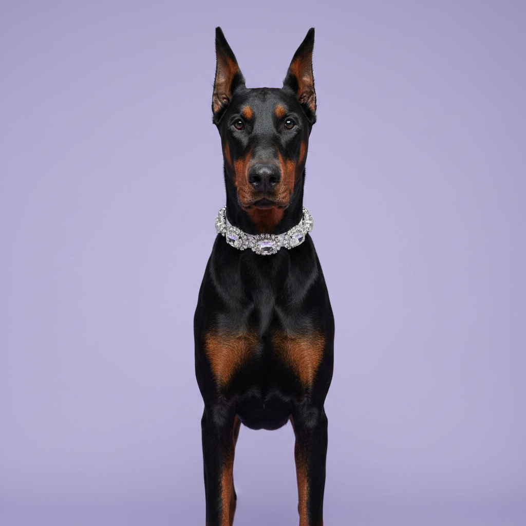 Black and tan Doberman Pinscher standing tall and facing camera wearing a silver multi-oval crystal rhinestone statement collar, luxury diamond dog collar for large breeds on lavender background
