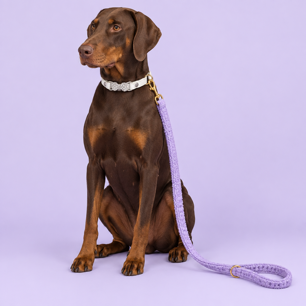 Doberman with ivory bow collar and lavender teddy-fleece leash
