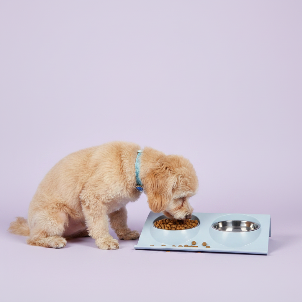 Small fluffy dog wearing a blue crystal rhinestone collar eating dry kibble from a powder blue double pet bowl feeder with stainless steel bowls, lavender background