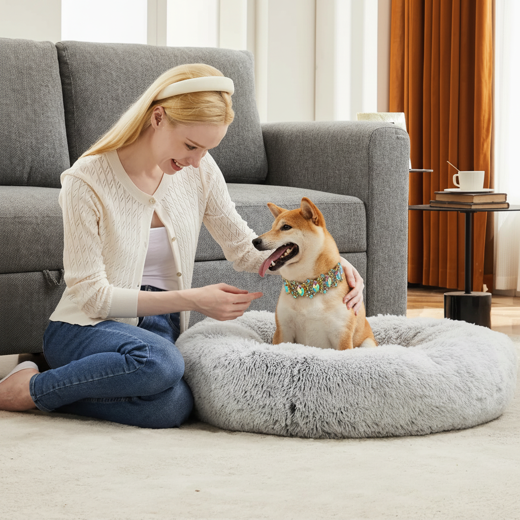 Shiba Inu wearing a gold and turquoise crystal statement collar sitting in a large light grey round donut pet bed with long shaggy faux fur, with a smiling woman seated beside the dog on a cream rug in a cozy living room