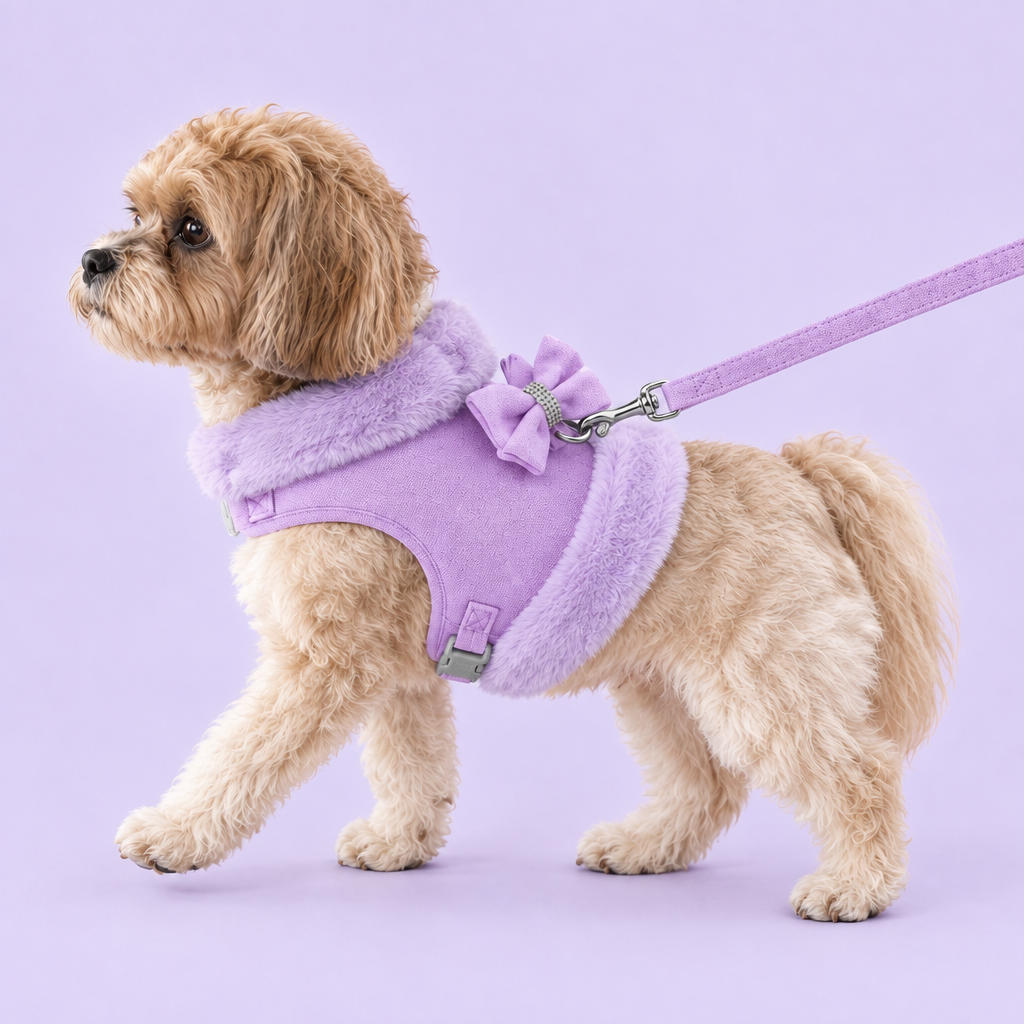 Dog in lavender harness with corrected leash clasp