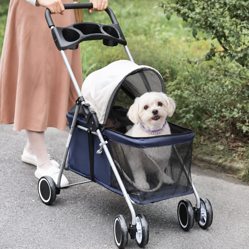 Dog wearing a Pretty Posh Pets collar in the navy stroller