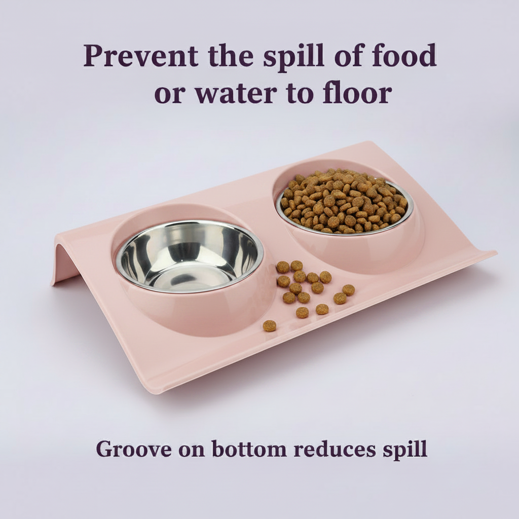 Blush pink double pet bowl feeder with spill-proof grooved tray, stainless steel water bowl and kibble food bowl for cats and dogs