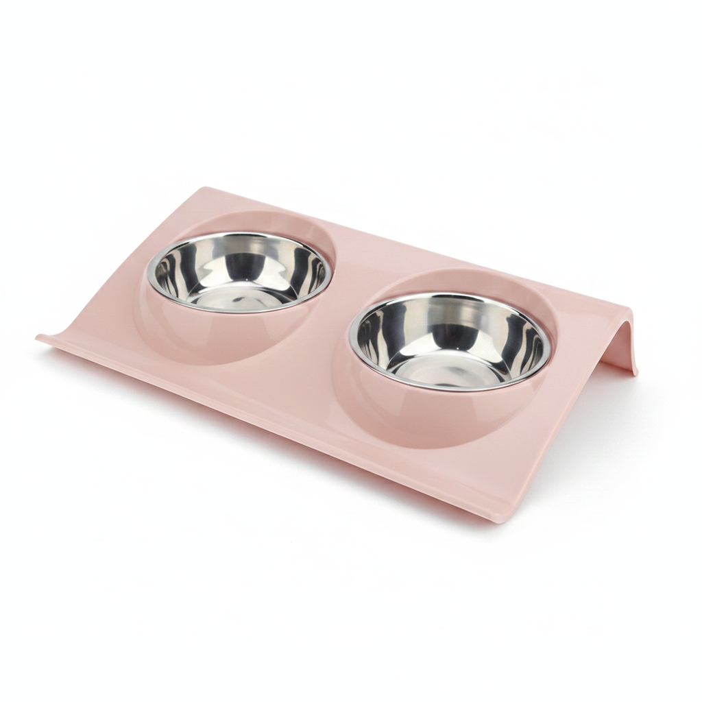 Blush pink double pet bowl feeder with two stainless steel bowls on elevated tray stand for cats and dogs