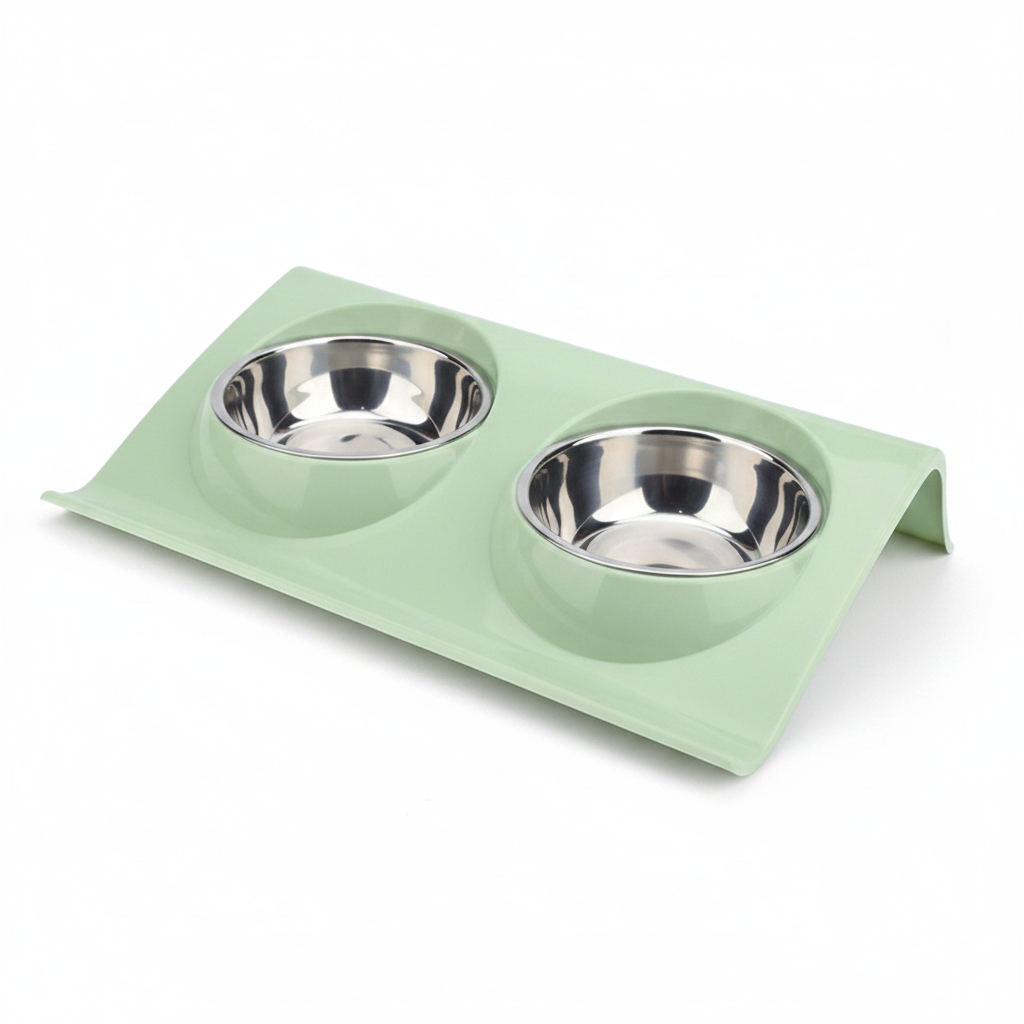 Mint green double pet bowl feeder with two stainless steel bowls on elevated tray stand for cats and dogs