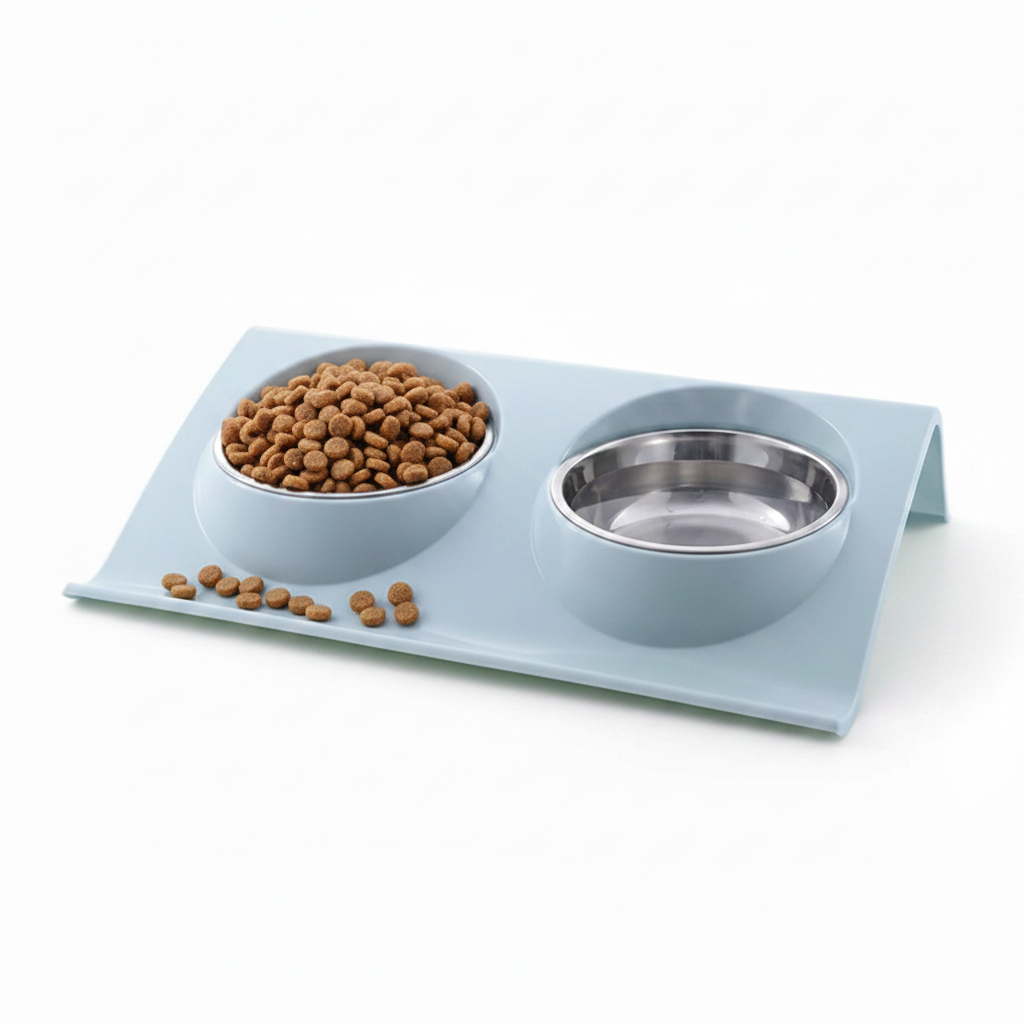 Powder blue double pet bowl feeder with stainless steel food and water bowls on elevated stand for cats and dogs