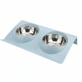 Powder blue double pet bowl feeder with two stainless steel bowls on elevated tray stand for cats and dogs