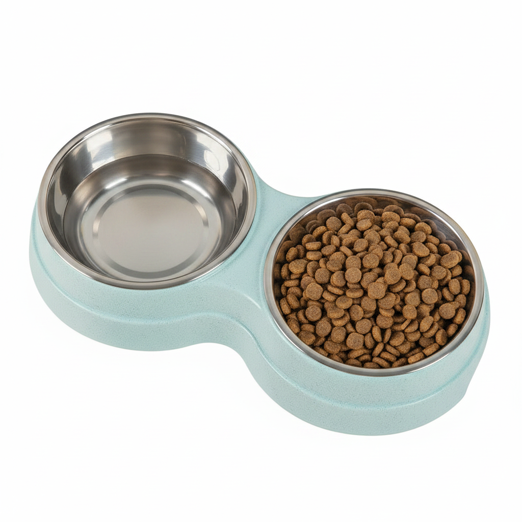 Double stainless steel pet bowl set in a light blue plastic base, one bowl empty and one filled with dry kibble, white background
