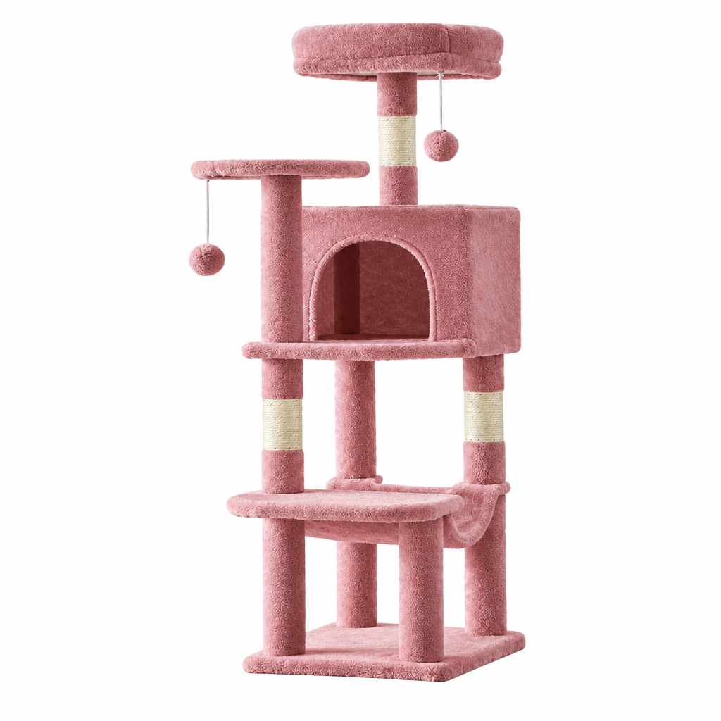 Dusty-pink cat tree on a square white background