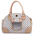 A pet carrier handbag with a gray and white checkerboard pattern, beige leather handles and trim, and a clear front window, shown on a white background.