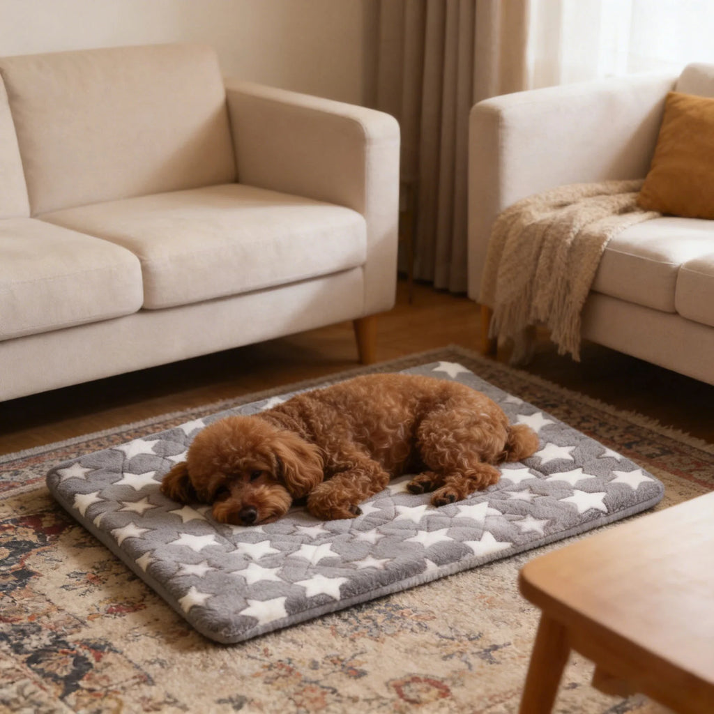 Apricot Poodle sleeping on a grey plush star print pet mat in a cozy modern living room