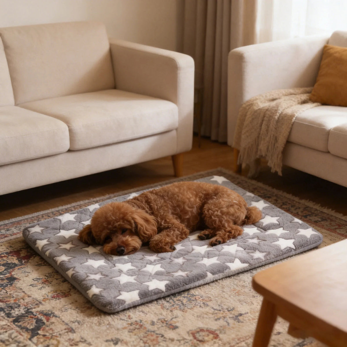 Apricot Poodle sleeping on a grey plush star print pet mat in a cozy modern living room