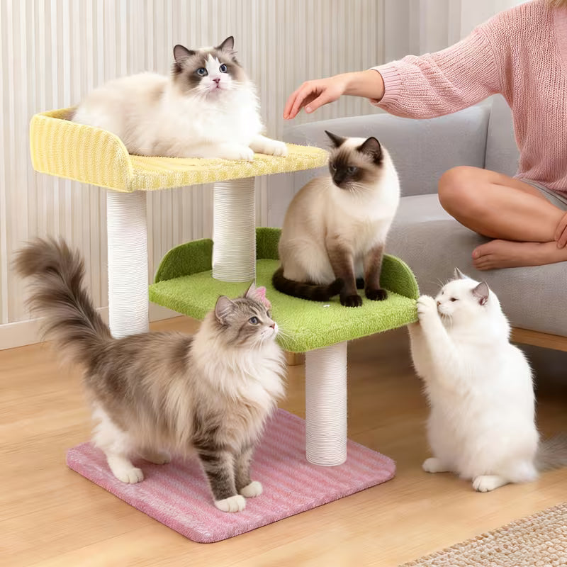 Pastel 3-Tier Cat Tree with Scratching Posts & Hanging Toy