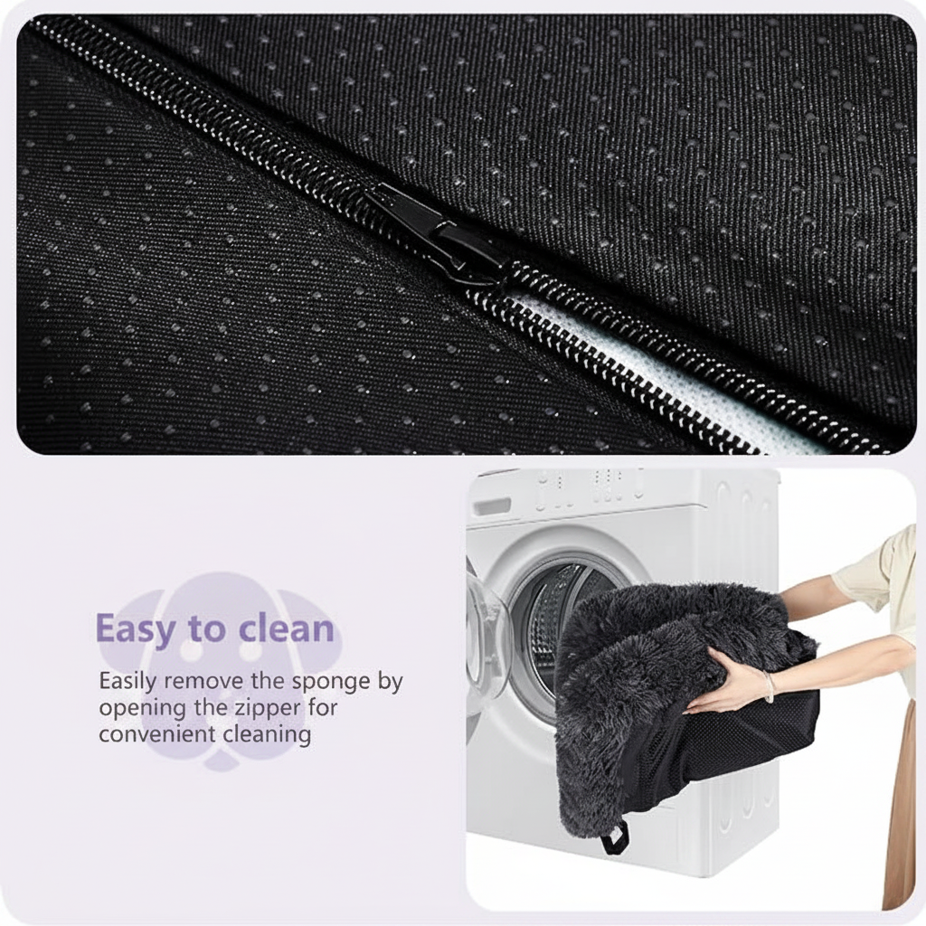 Easy to clean infographic for a long shaggy faux fur pet sofa bed showing a close-up of the black zipper on the removable cover and a person loading the dark grey plush cover into a front-load washing machine, with text: Easy to clean — Easily remove the sponge by opening the zipper for convenient cleaning