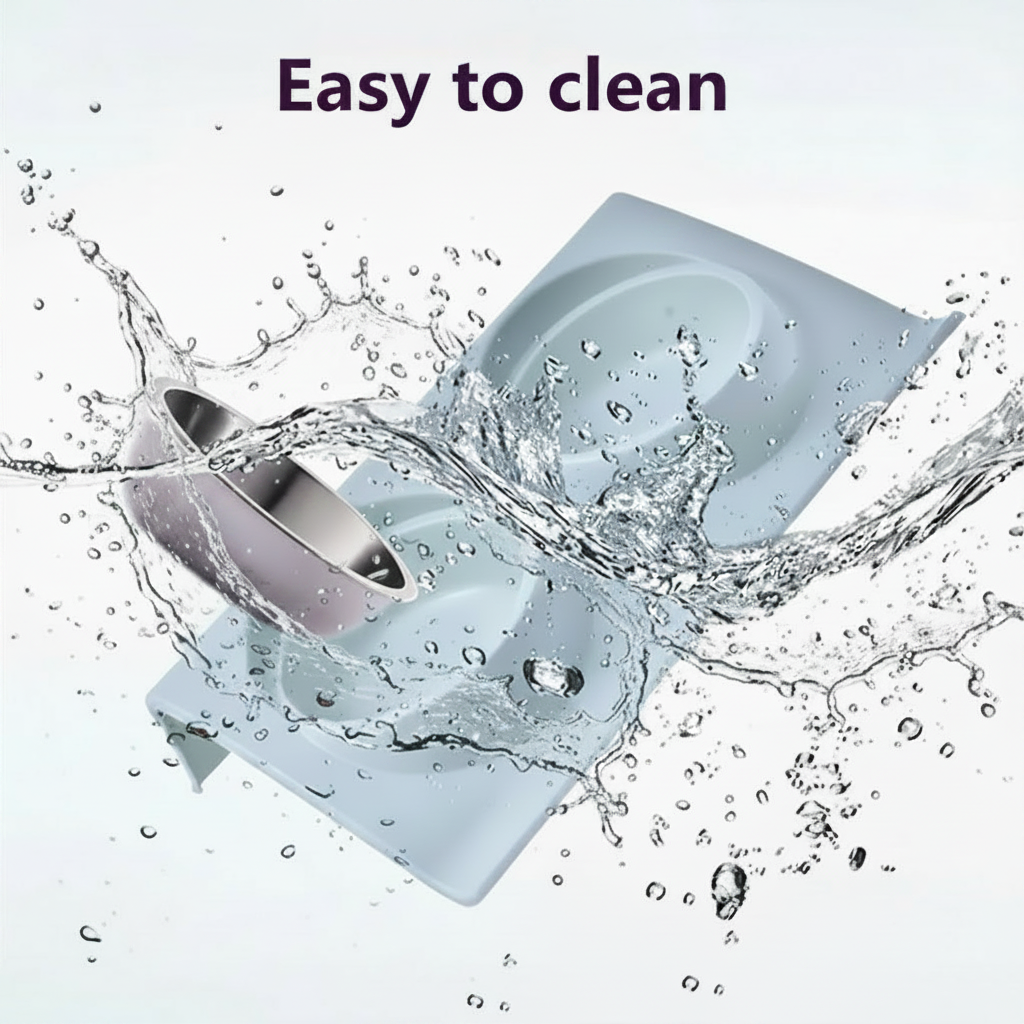 Easy to clean double pet bowl feeder tray and removable stainless steel bowl shown with water splash, washable pet food and water dish set
