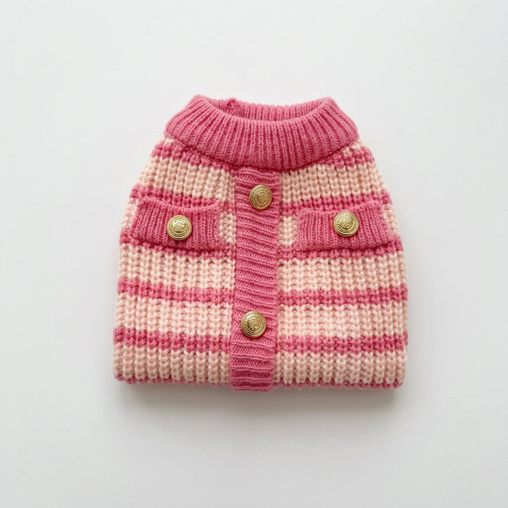 Pink Striped Knit Pet Sweater with Gold Buttons