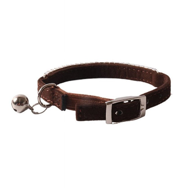 Brown Velvet Rhinestone Collar with Bell – Adjustable One-Size for Cats & Small Dogs