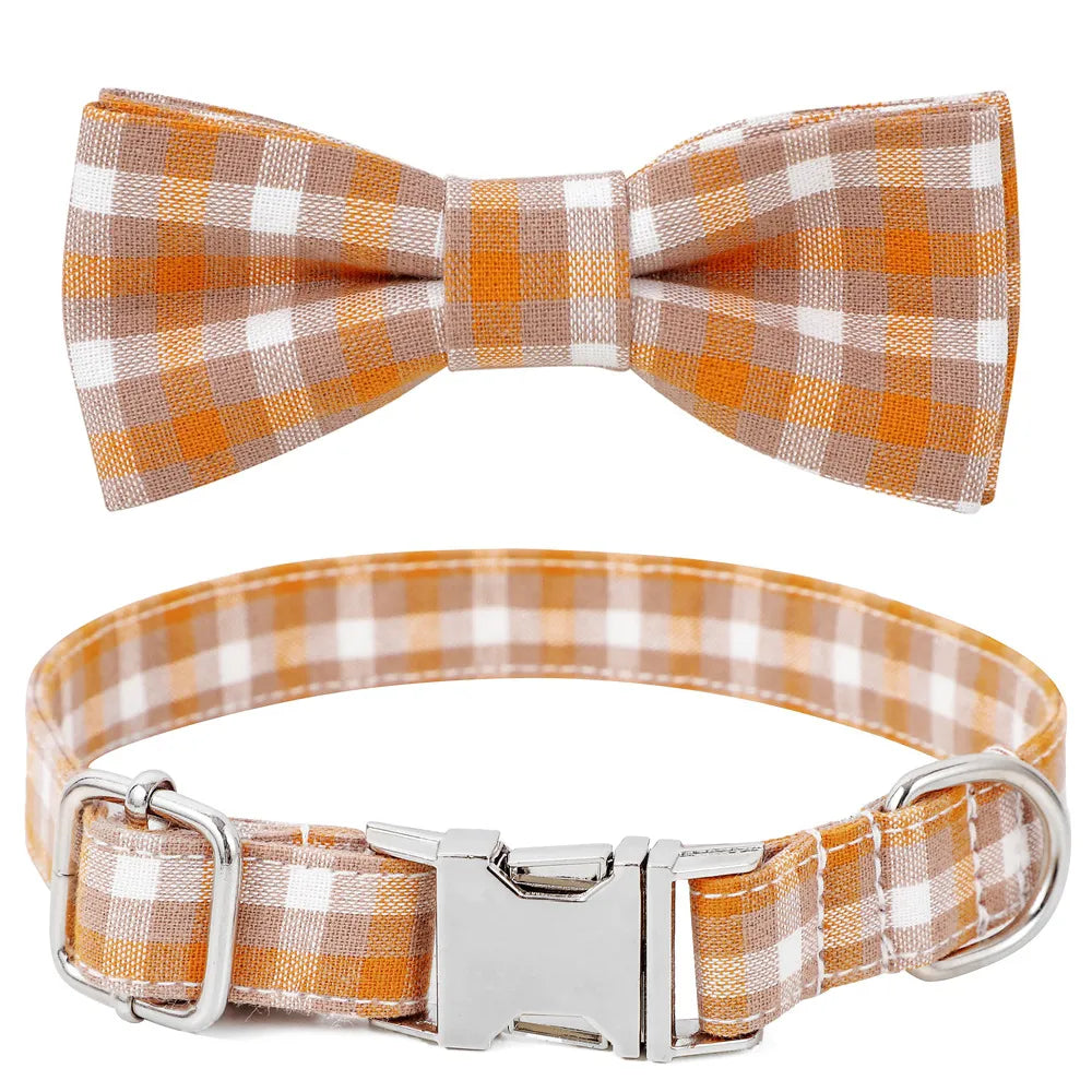 Orange & White Plaid Dog Collar with Removable Bow Tie
