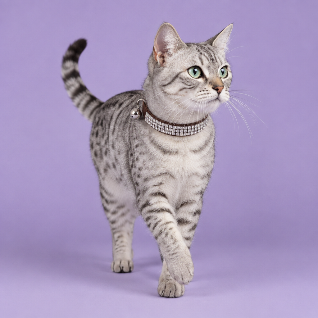 Egyptian Mau wearing the brown crystal collar