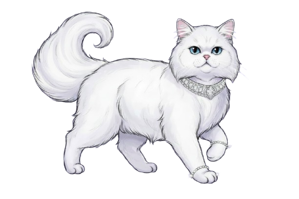 Illustration of a white cat with a decorative collar. Sophisticated cat adorned with delicate bracelet accessories — luxury pet jewelry from Pretty Posh Pets for felines with refined, fashion-forward elegance