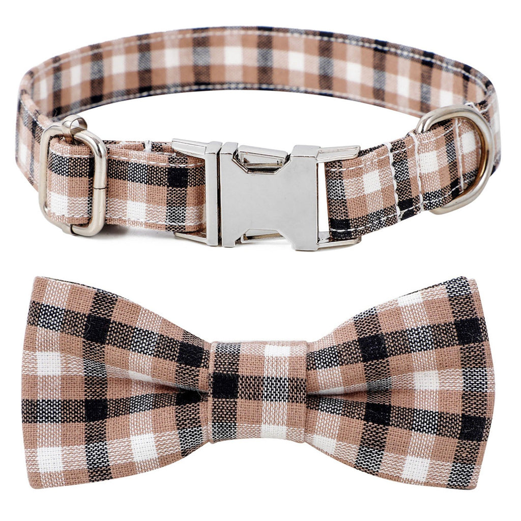 Black, Tan & White Plaid Dog Collar with Removable Bow Tie