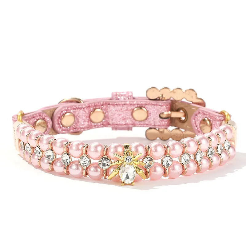 Pink Pearl & Rhinestone Beetle Pet Collar
