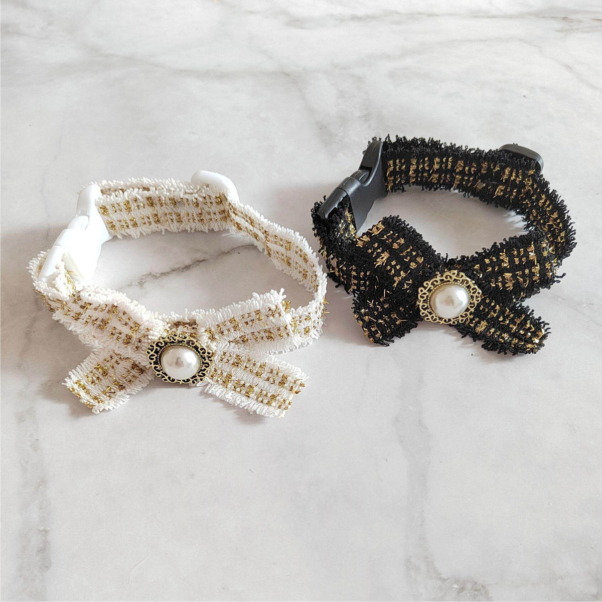 Black & Gold Tweed Bow Pet Collar with Pearl Accent