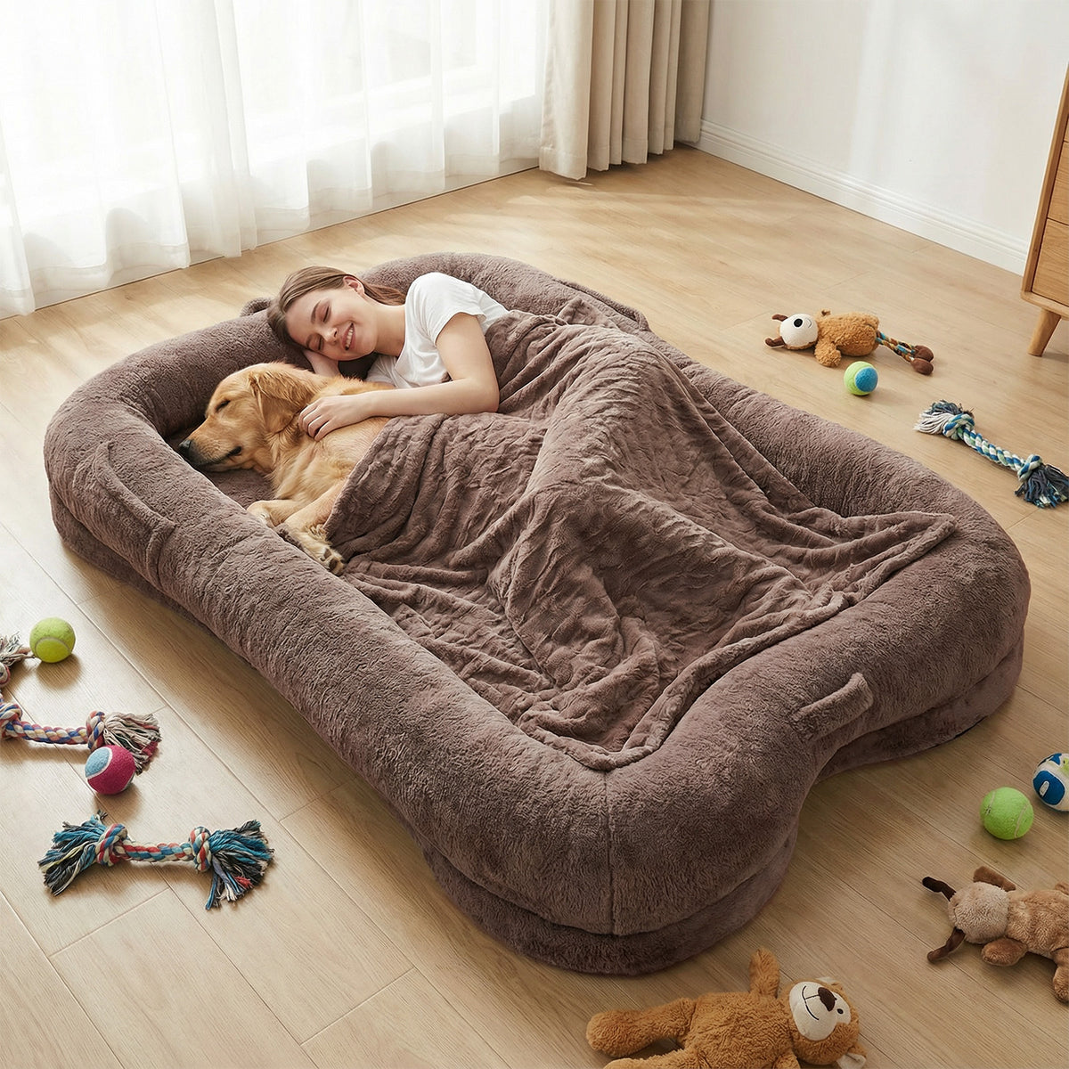 Woman and Golden Retriever cuddling together on an oversized brown plush human-sized dog bed with bone-shaped bolster sides and matching blanket surrounded by dog toys in a modern living room