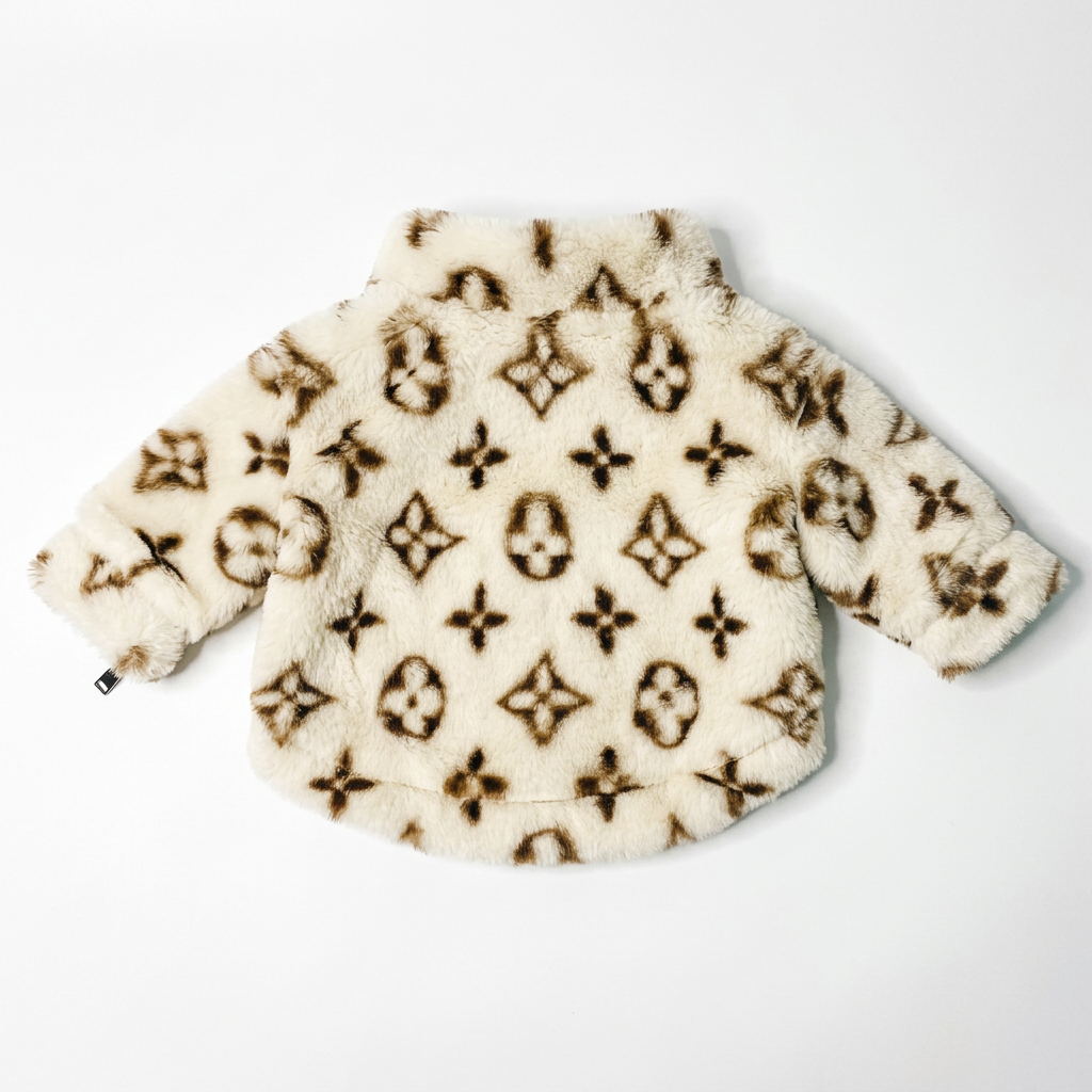 Faux-fur pet jacket flat-lay back view centered on white