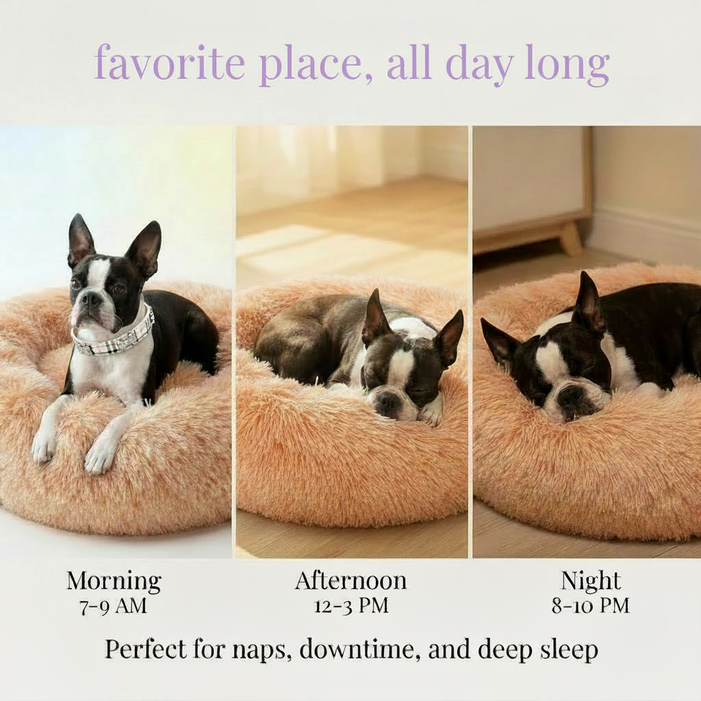 Boston Terrier wearing a crystal rhinestone collar in a round caramel shaggy faux fur donut calming pet bed lifestyle infographic showing morning, afternoon, and night use with purple "favorite place, all day long" headline