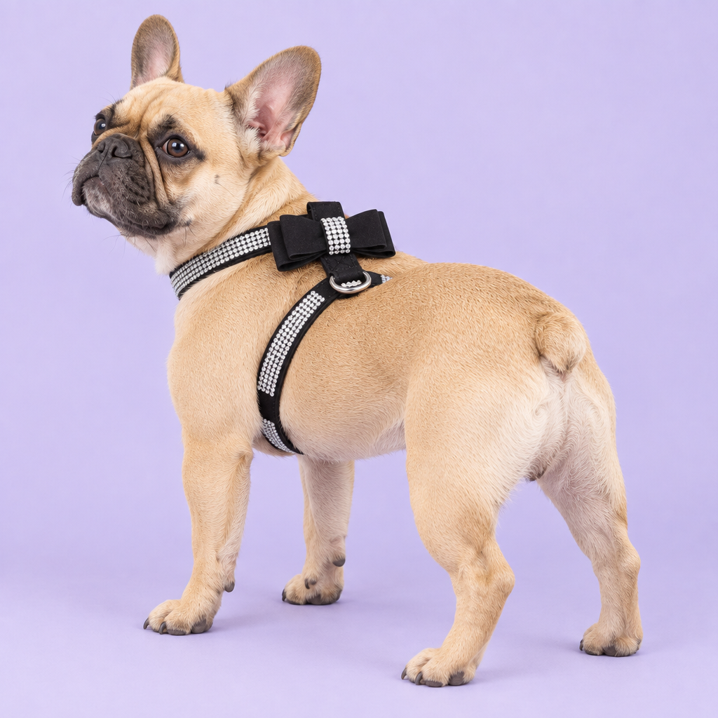 Fawn French Bulldog in the black harness