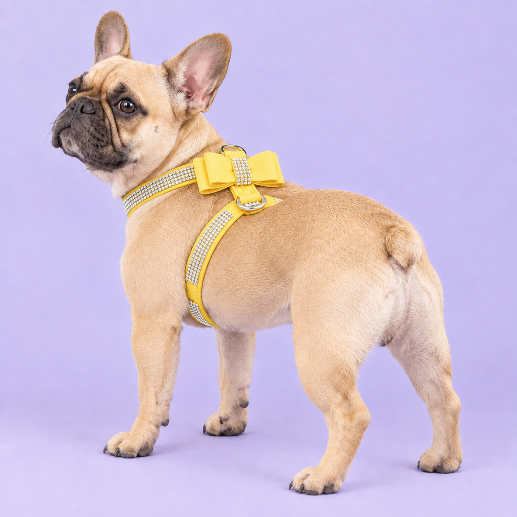 Fawn French Bulldog in the yellow harness