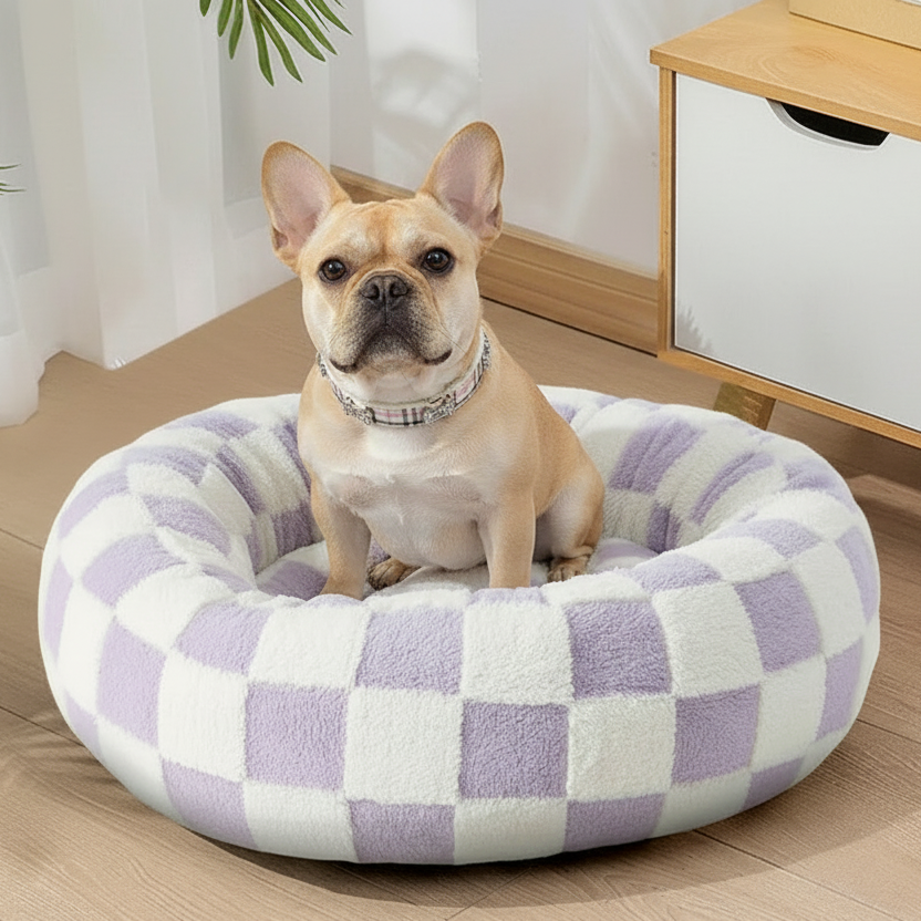 Fawn French Bulldog wearing a silver chain collar sitting upright inside a lavender and cream checkered plush round donut pet bed on light oak hardwood floors, with a white and natural wood nightstand and tropical plant in the background
