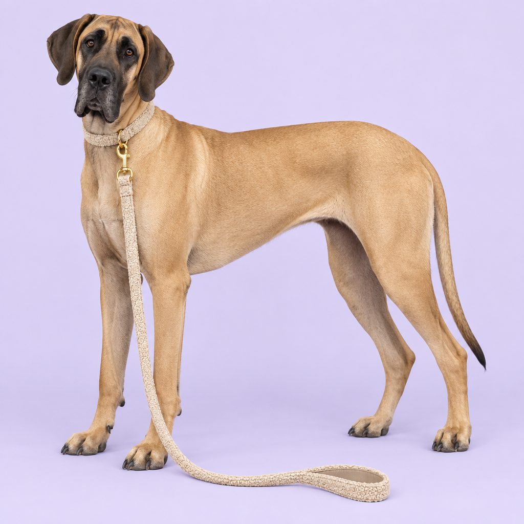 Fawn Great Dane in beige teddy fleece collar and leash