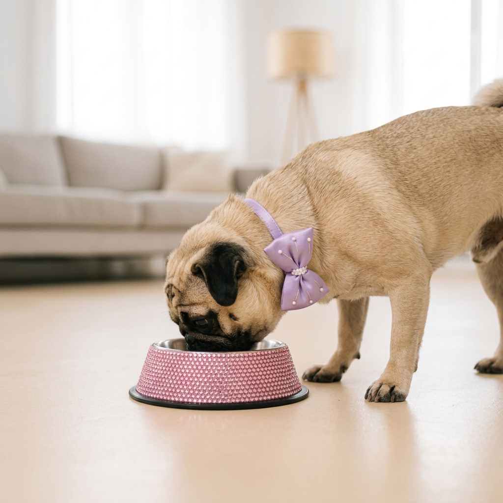 Fawn Pug eating from the pink rhinestone bowl, wearing the lavender bow collar