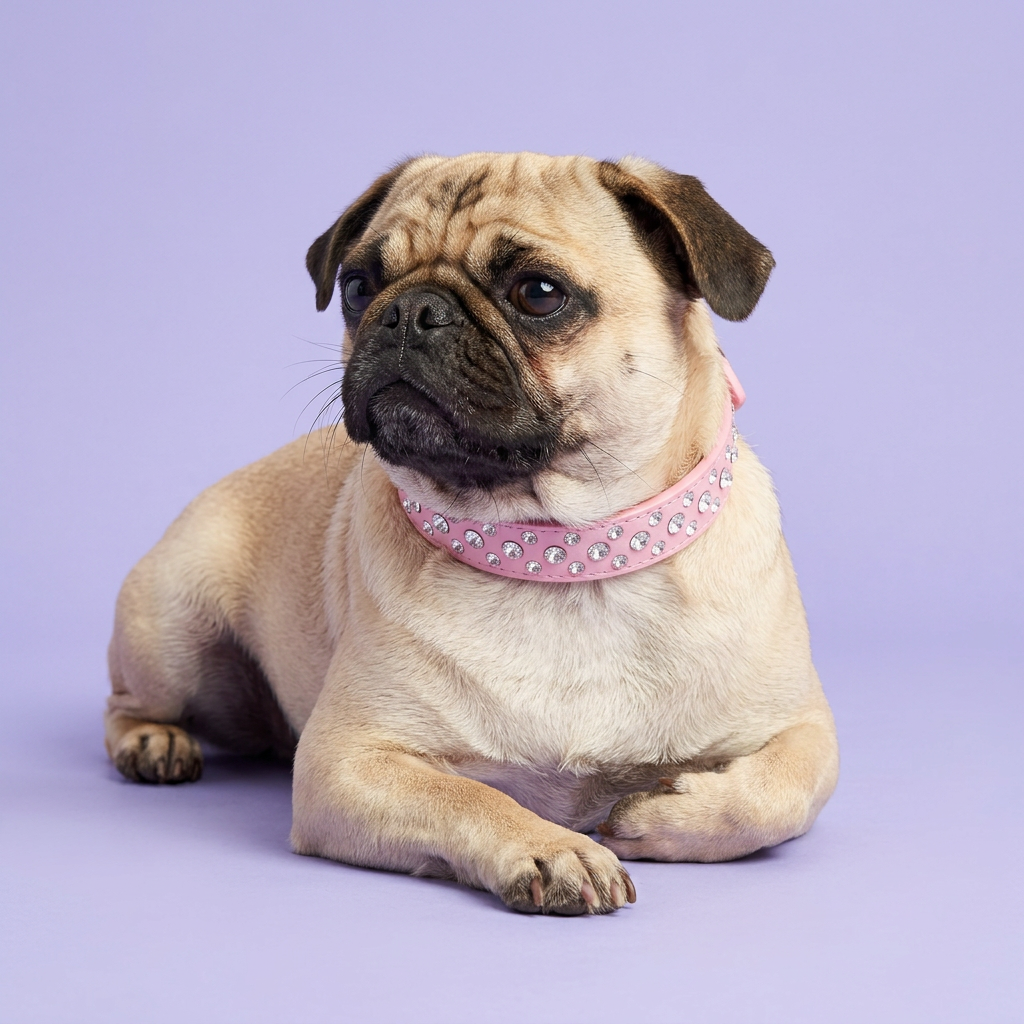 Fawn Pug lying down gazing aside, wearing the pink rhinestone leather collar