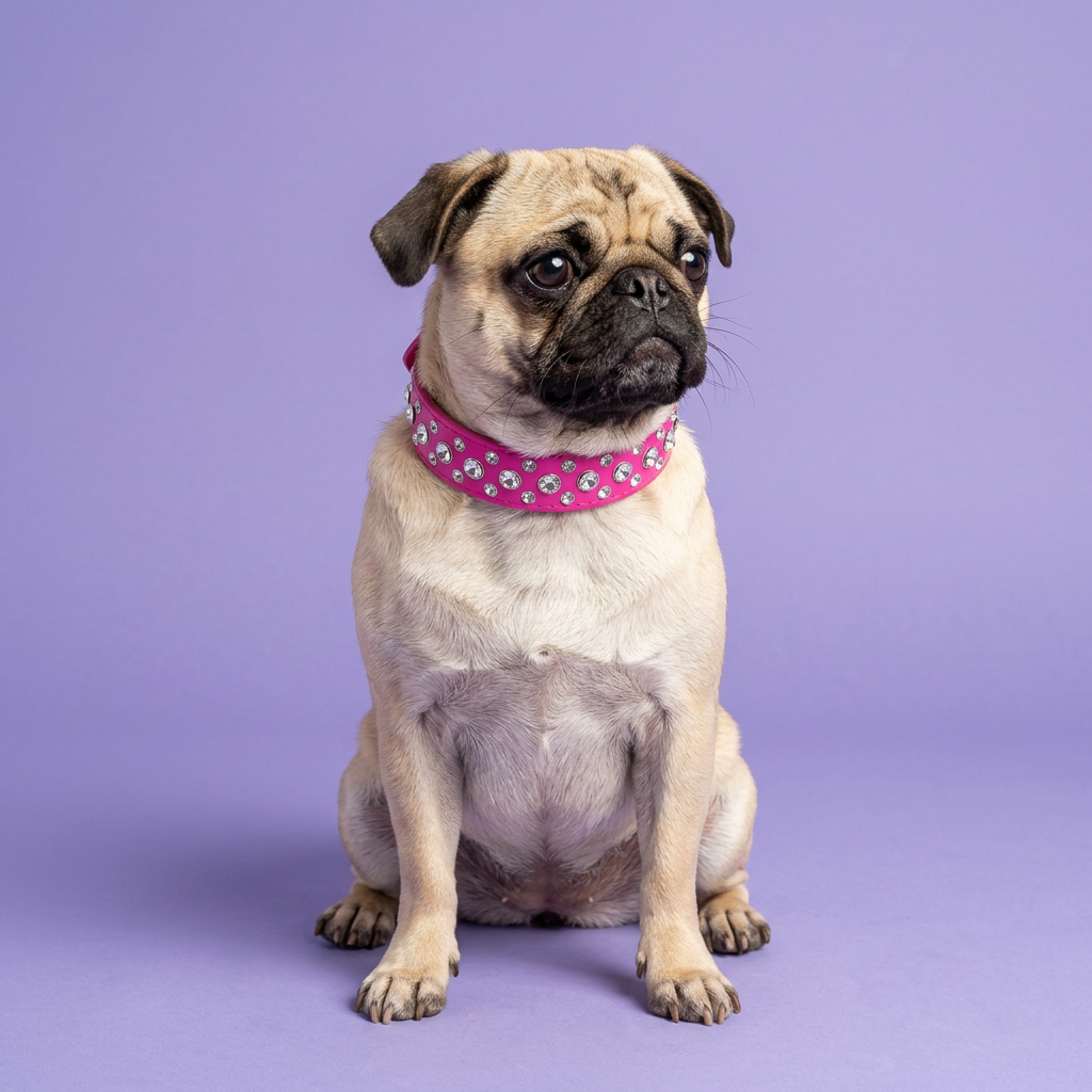Fawn Pug sitting with a slight head tilt, wearing the hot pink rhinestone collar