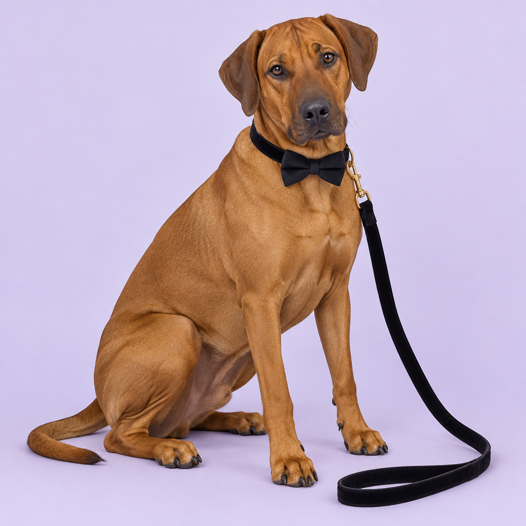 Fawn Ridgeback sitting with black bow collar and leash