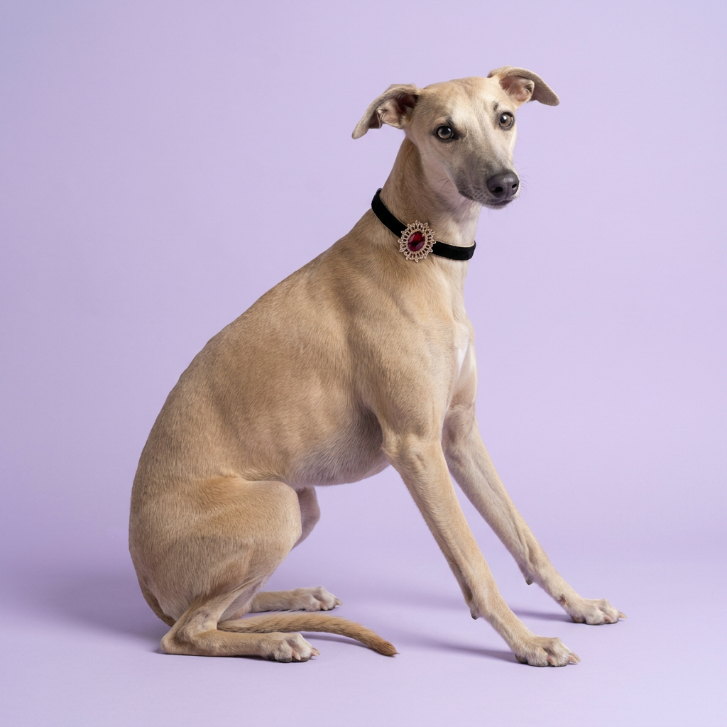 Fawn Whippet in a relaxed side-on seated pose