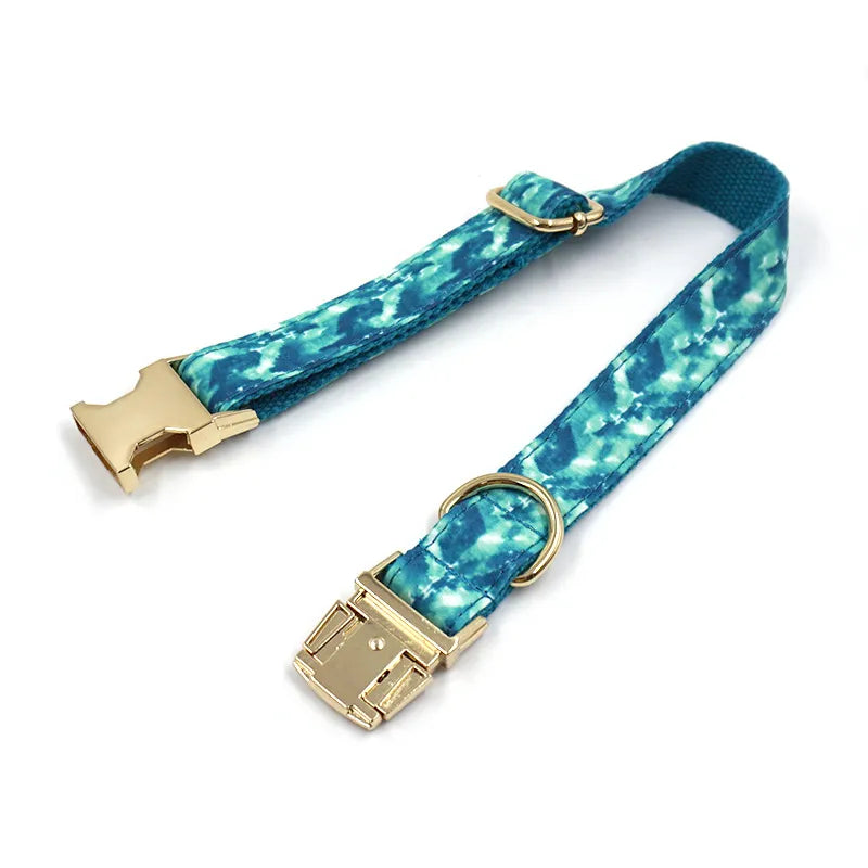 Teal & Blue Dog Collar and Leash Set with Gold Hardware