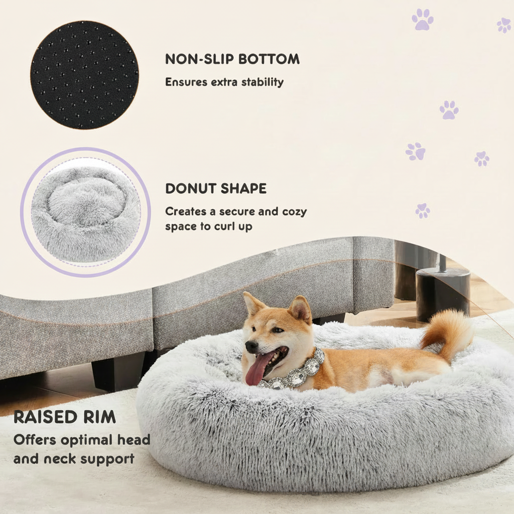 Features infographic for a light grey long shaggy faux fur round donut pet bed, showing a Shiba Inu wearing a silver crystal collar lounging in the bed, with three callouts: Non-Slip Bottom — Ensures extra stability, Donut Shape — Creates a secure and cozy space to curl up, and Raised Rim — Offers optimal head and neck support