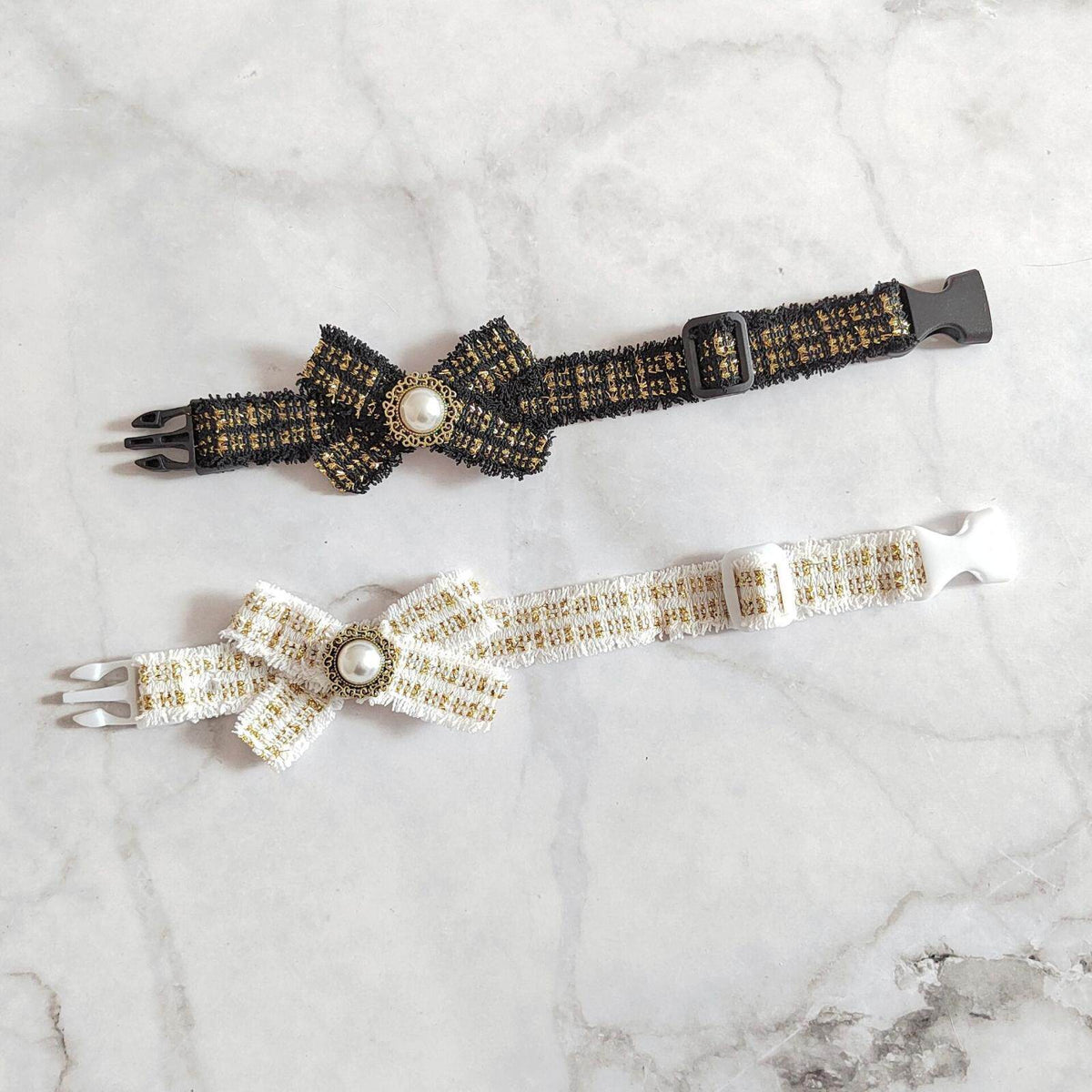 Black & Gold Tweed Bow Pet Collar with Pearl Accent