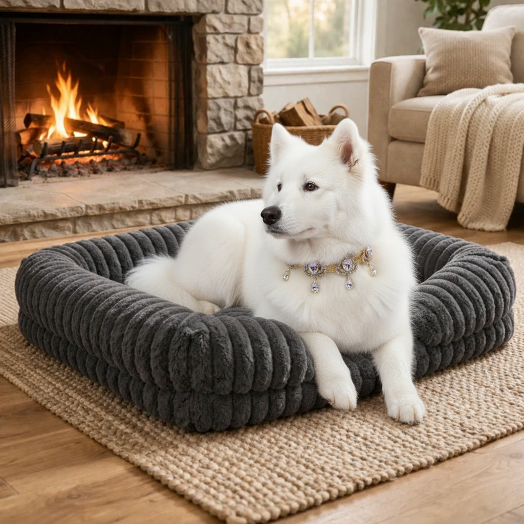 White Samoyed wearing a jeweled collar resting in a charcoal chunky corduroy pet bed on a jute rug in front of a lit stone fireplace in a cozy living room.