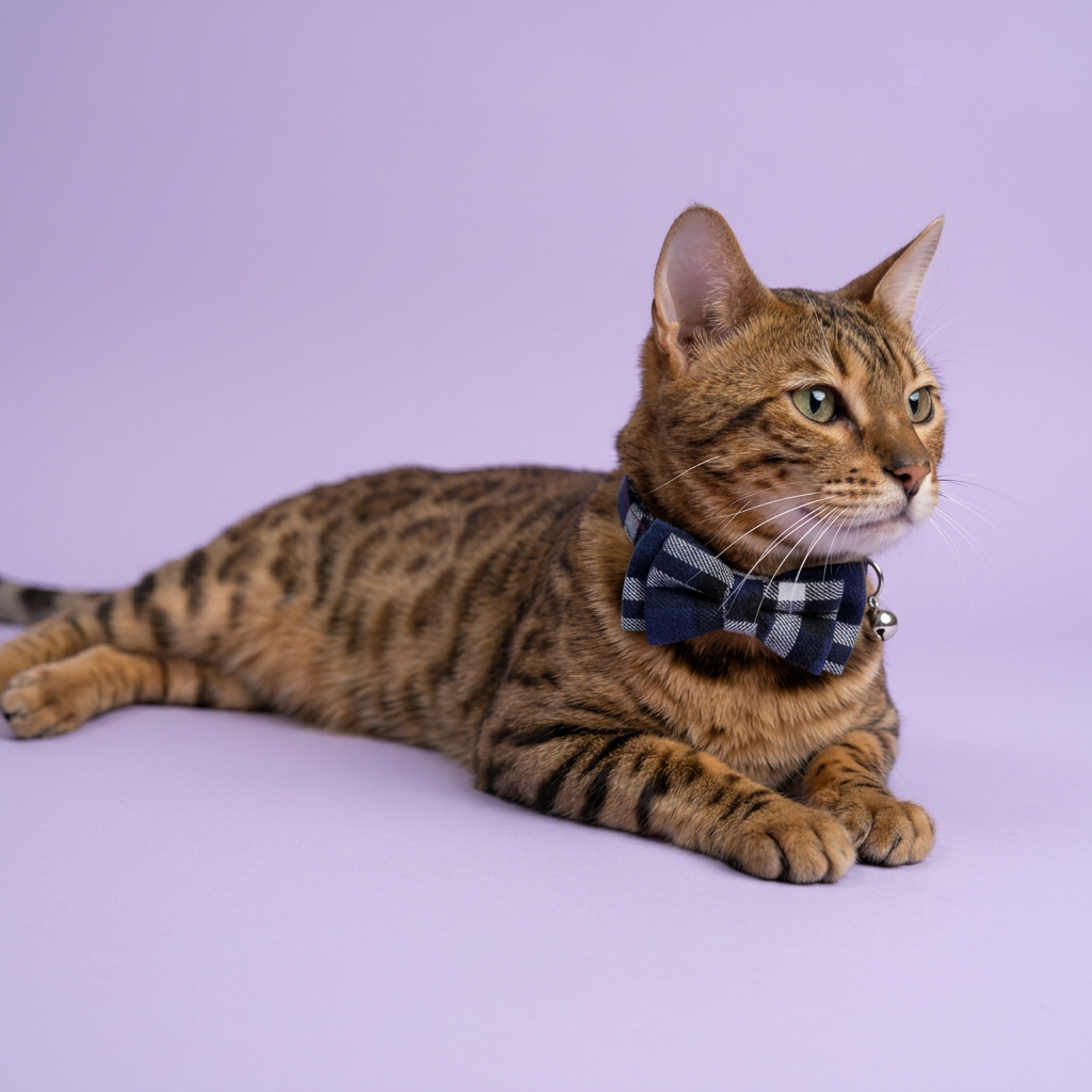 Floor-level Bengal resting with crossed paws