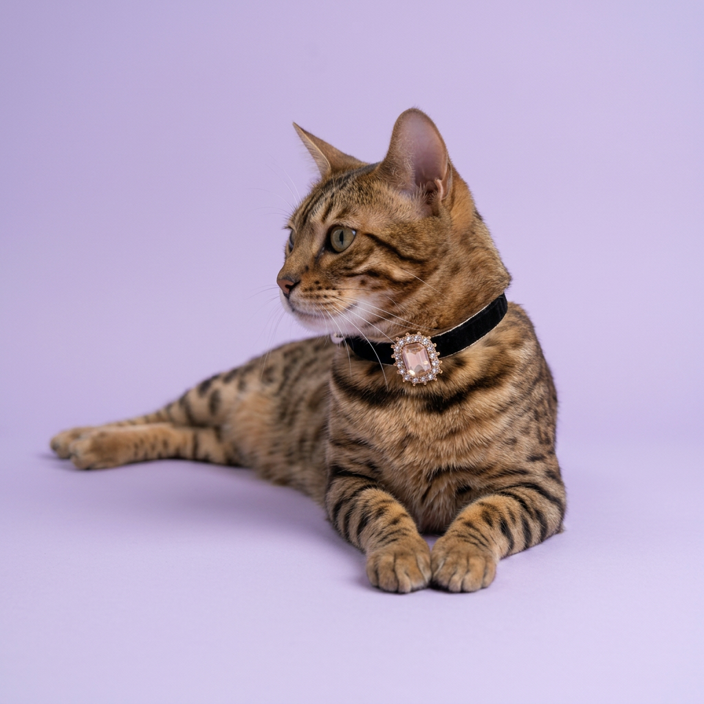 Floor-level Bengal resting with crossed paws