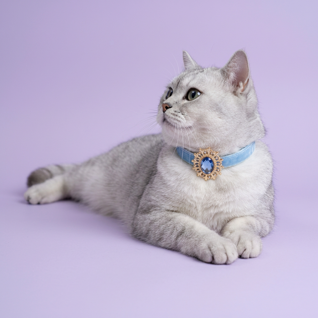 Floor-level British Shorthair reclining with crossed paws
