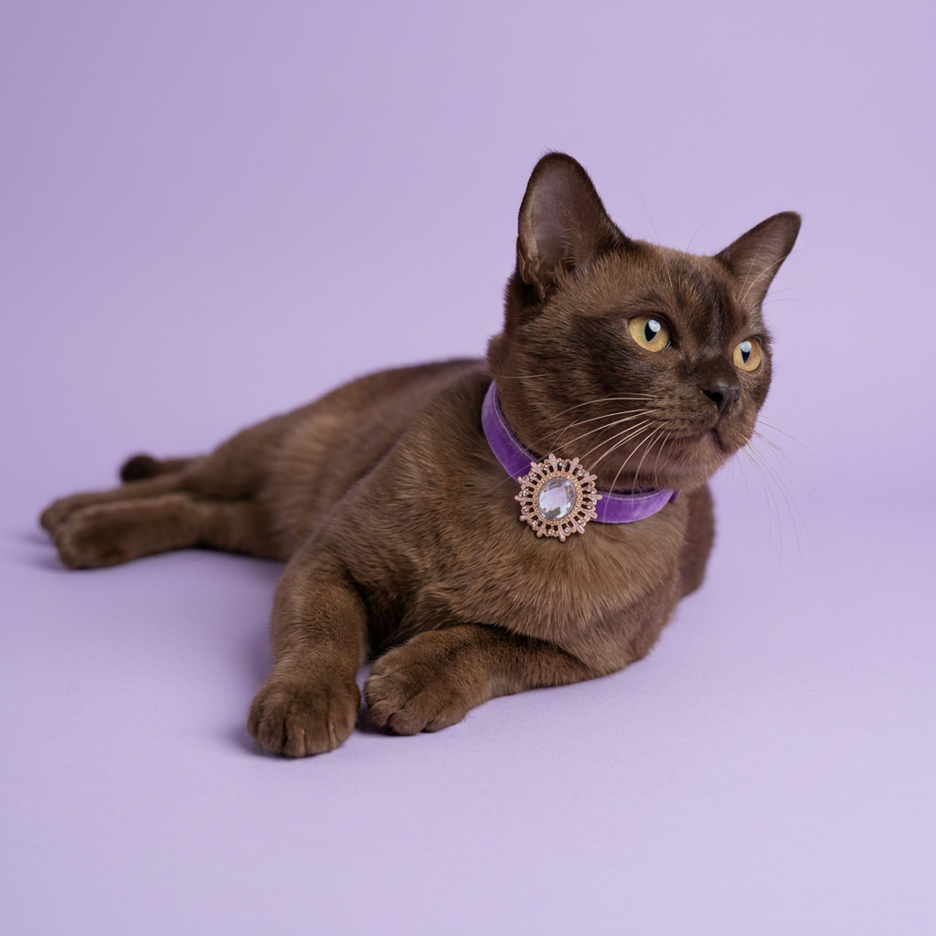 Floor-level chocolate Burmese resting with crossed paws