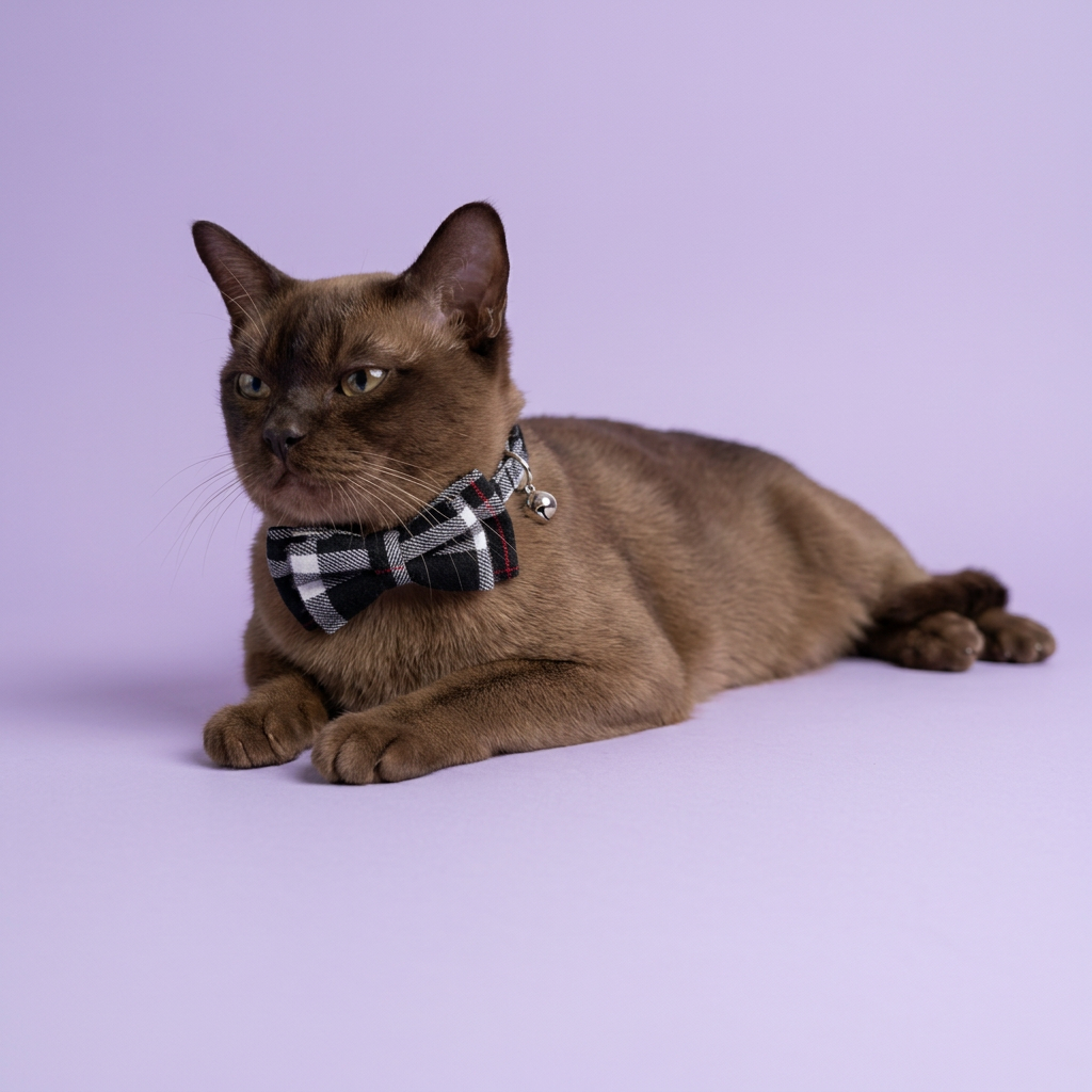 Floor-level chocolate Burmese resting with crossed paws
