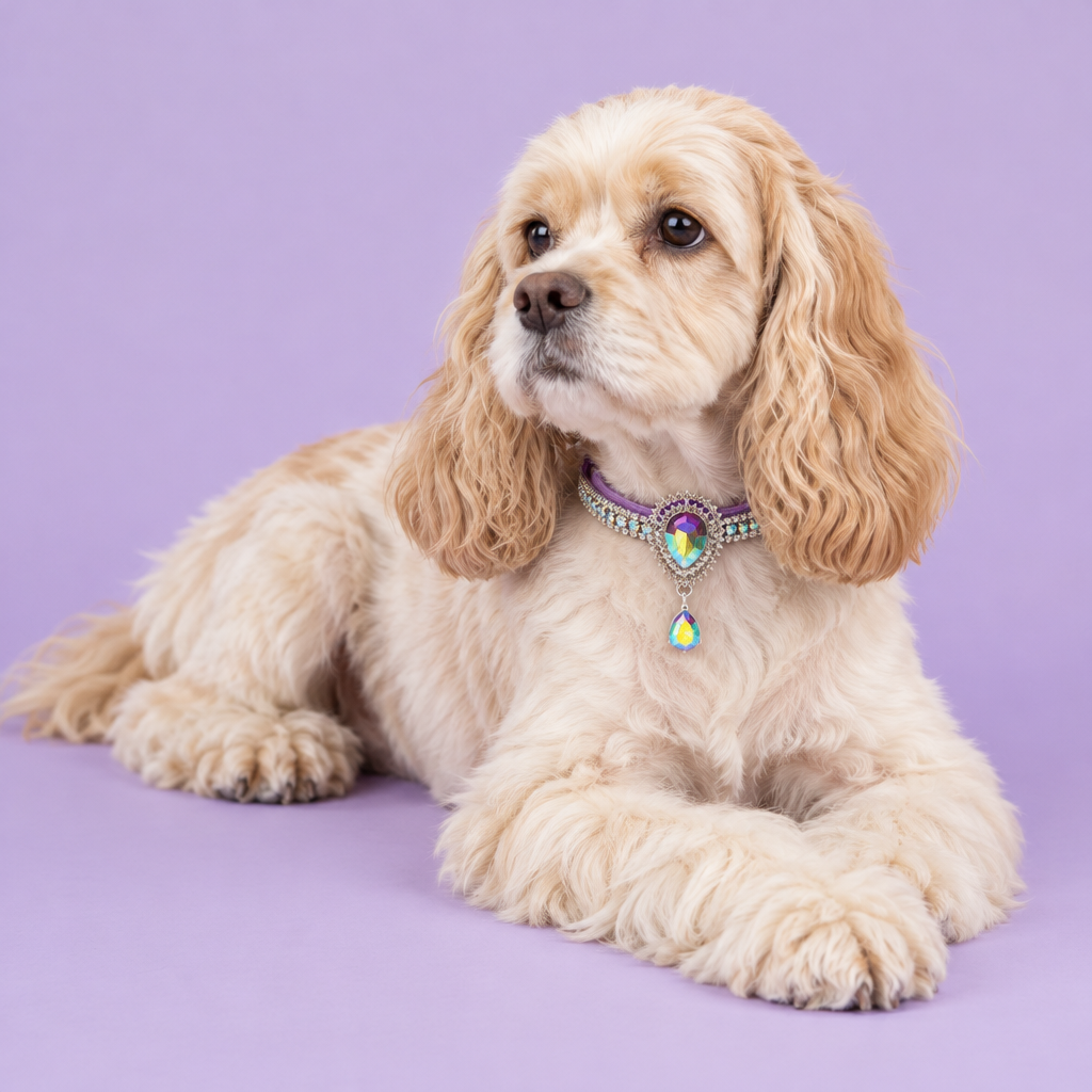 Floor-level Cocker spaniel resting with loosely crossed paws