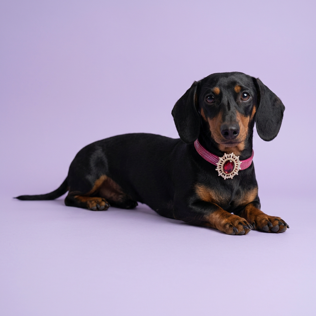 Floor-level dachshund reclining with crossed paws